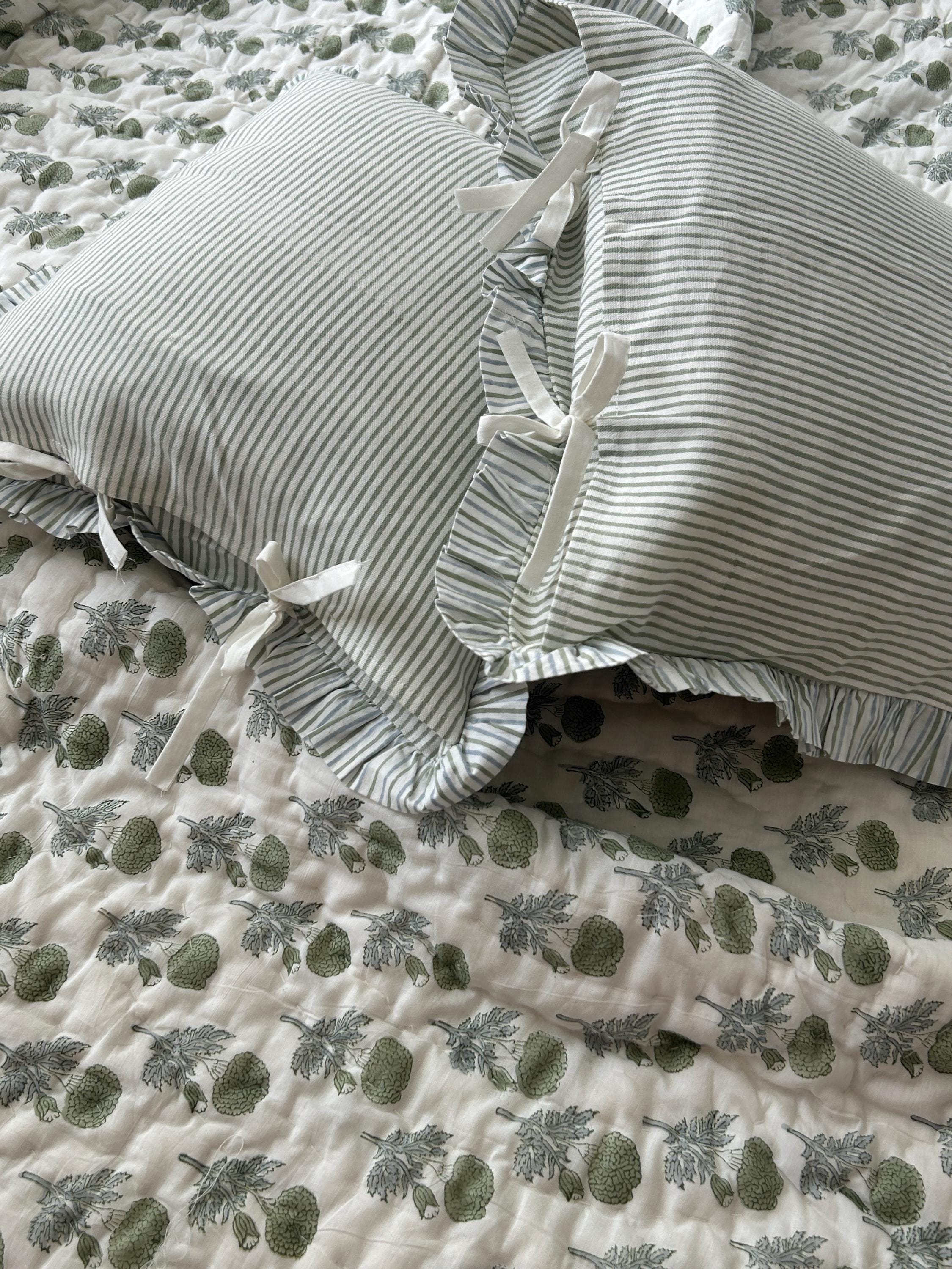 Block Print Ruffle Indian Cushion Cover, Floral Decorative Cotton Throw, Boho Home Decor, Canvas, Pair (2 piece)