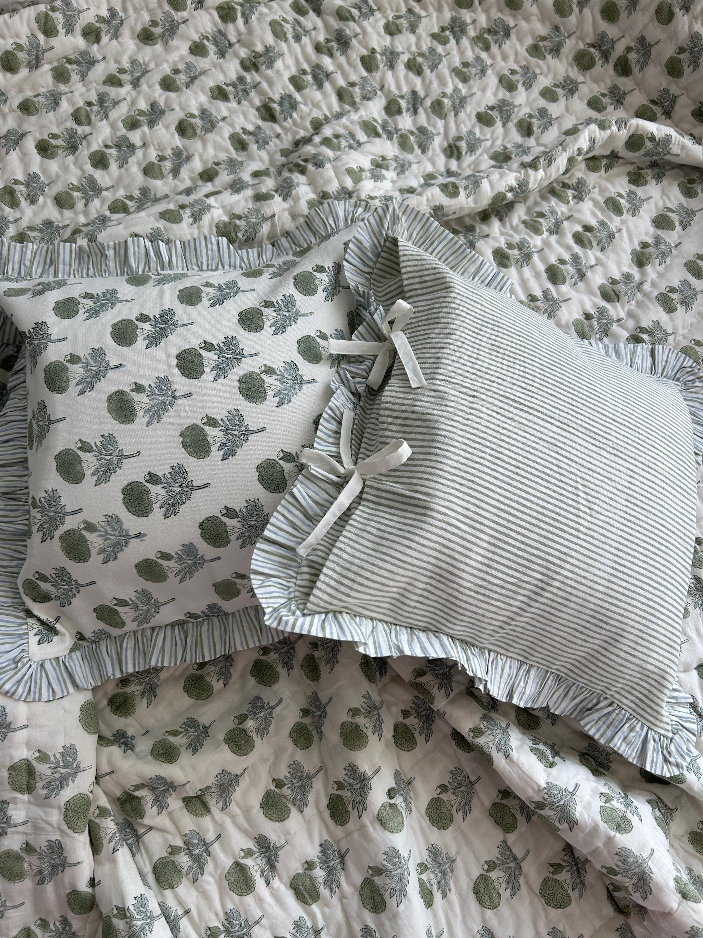 Block Print Ruffle Indian Cushion Cover, Floral Decorative Cotton Throw, Boho Home Decor, Canvas, Pair (2 piece)