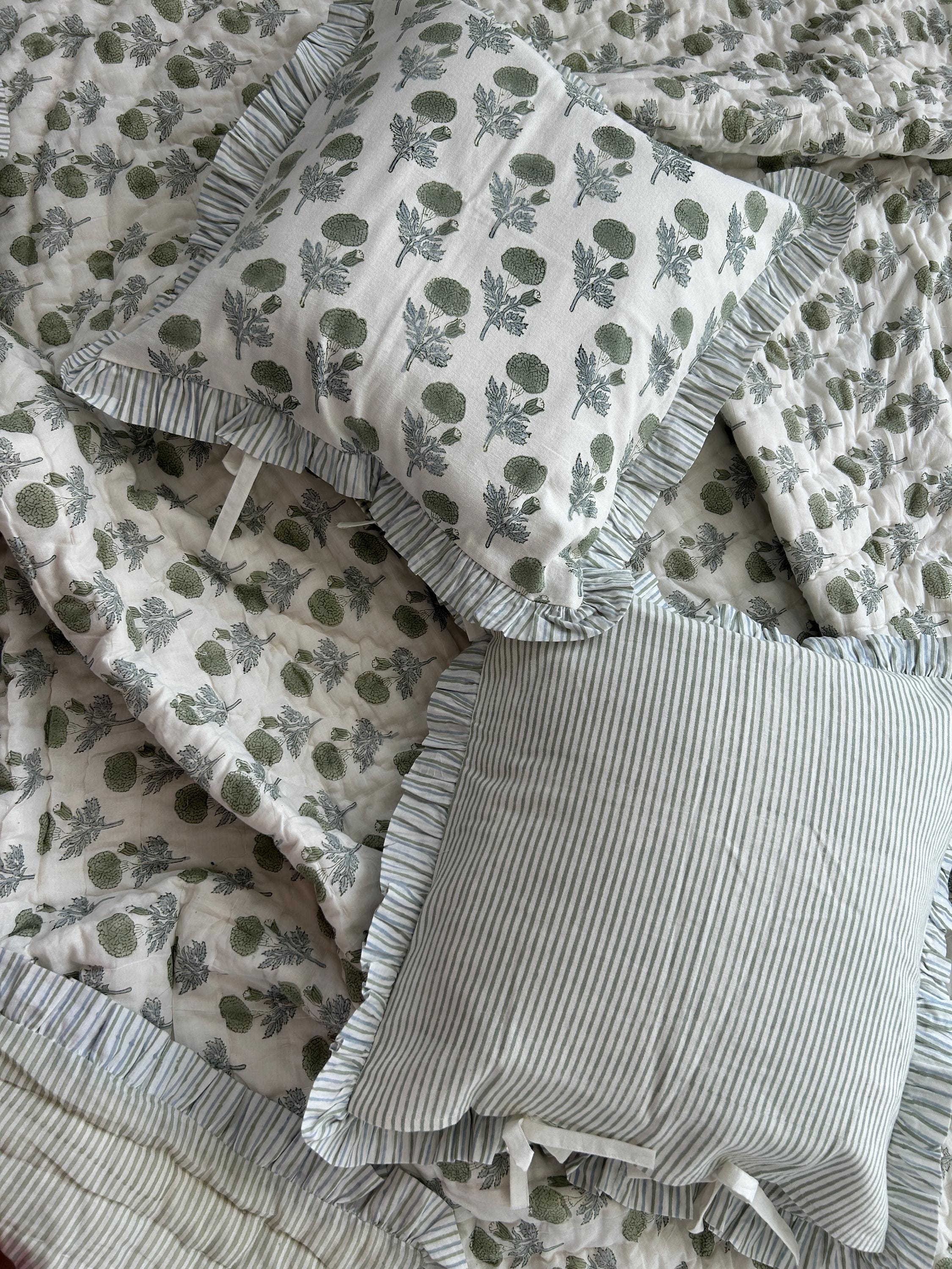 Block Print Ruffle Indian Cushion Cover, Floral Decorative Cotton Throw, Boho Home Decor, Canvas, Pair (2 piece)