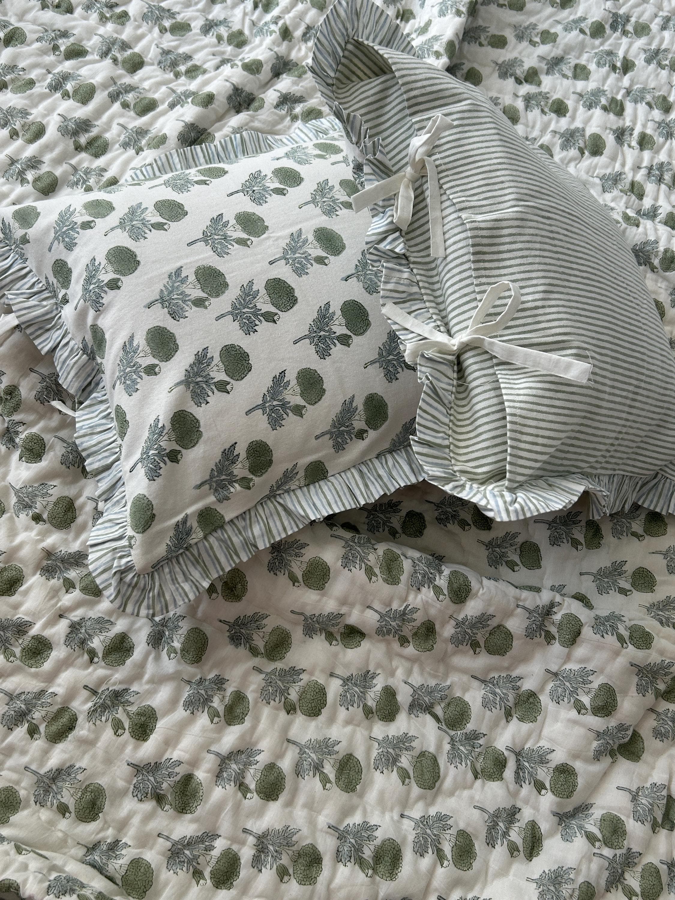 Block Print Ruffle Indian Cushion Cover, Floral Decorative Cotton Throw, Boho Home Decor, Canvas, Pair (2 piece)