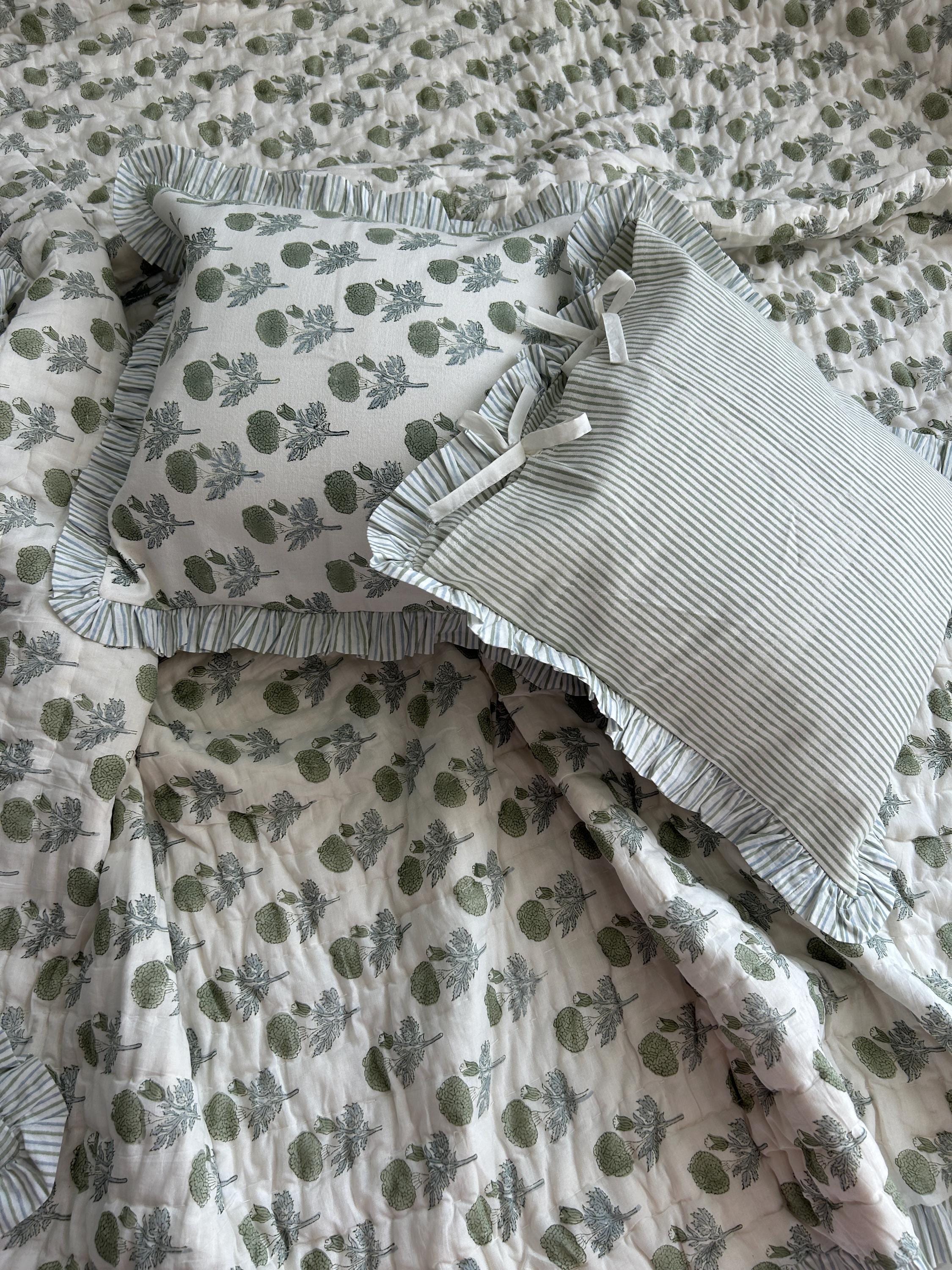 Block Print Ruffle Indian Cushion Cover, Floral Decorative Cotton Throw, Boho Home Decor, Canvas, Pair (2 piece)